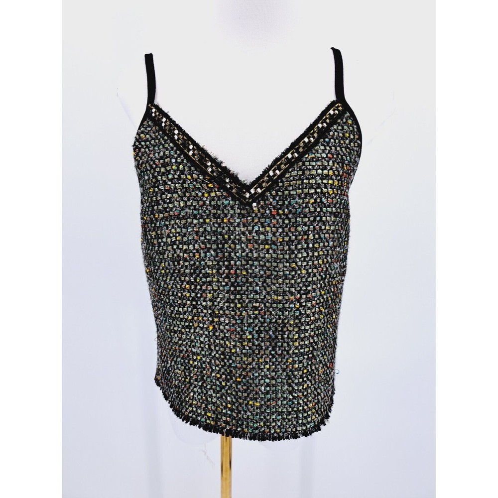 Zara Tweed Metallic Camisole Cami Crop top S small Raw Hem Black